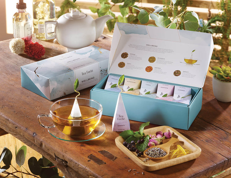 Wellbeing Collection Petite Presentation Box of 10 teas, open box with glass cup