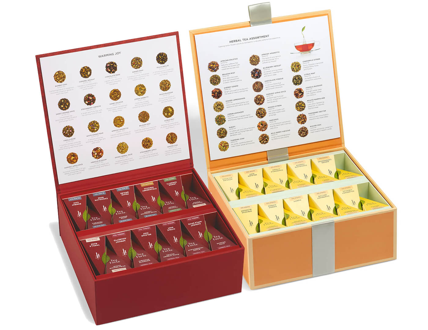 Warming Joy Tea Chest and Herbal Tea Chest together, open, set of 2