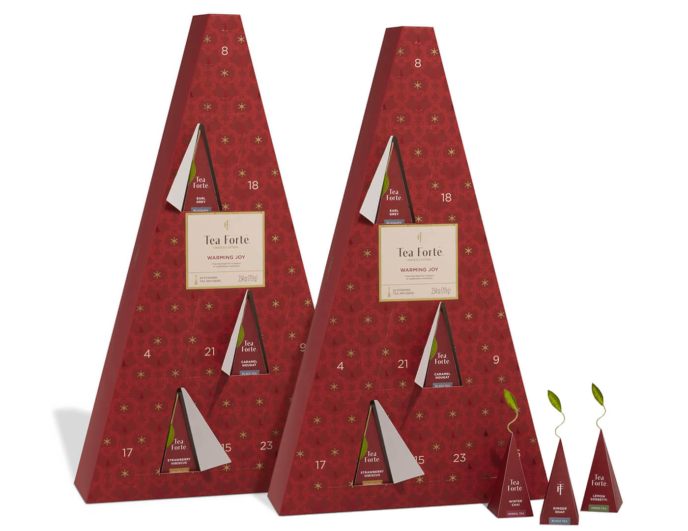 Two red, triangular Advent Tea Calendars with numbered doors on a white background, doors open with tea pyramids showing