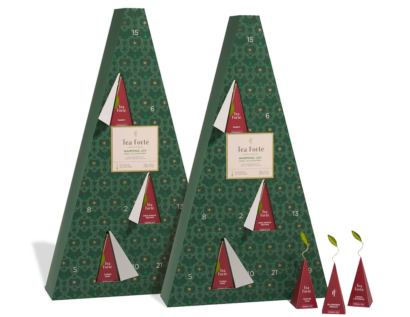 Two green triangular Herbal Advent Tea Calendars with numbered sections on a white background, doors open with tea pyramids showing