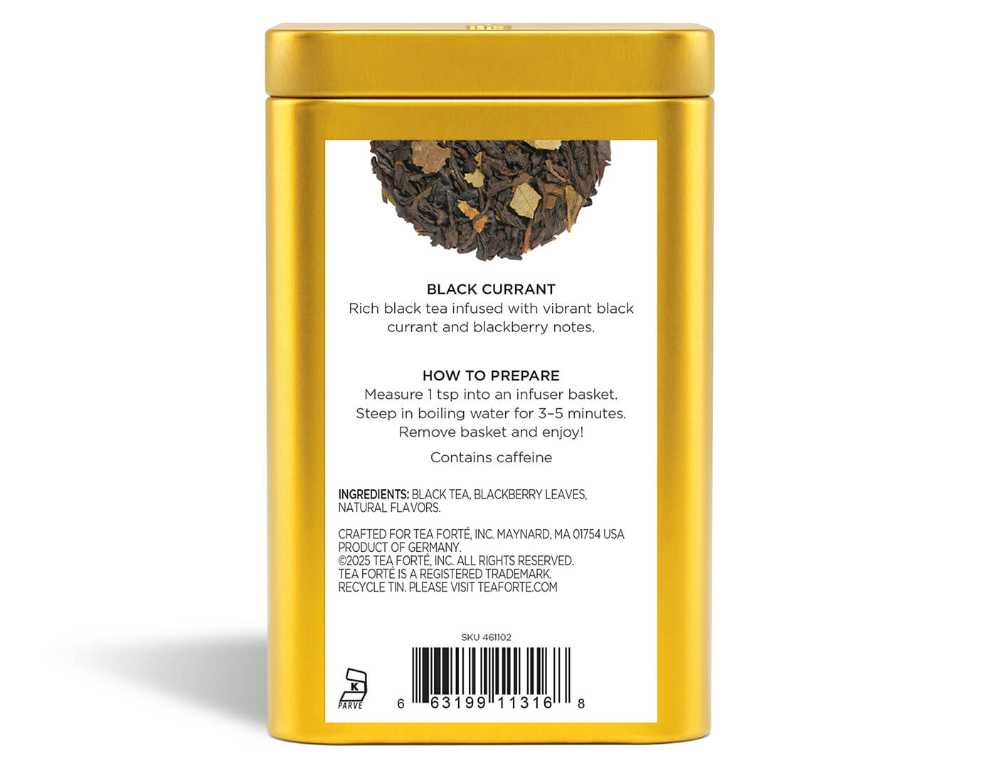 Black Currant tea in a Loose Leaf Tea Canister, back
