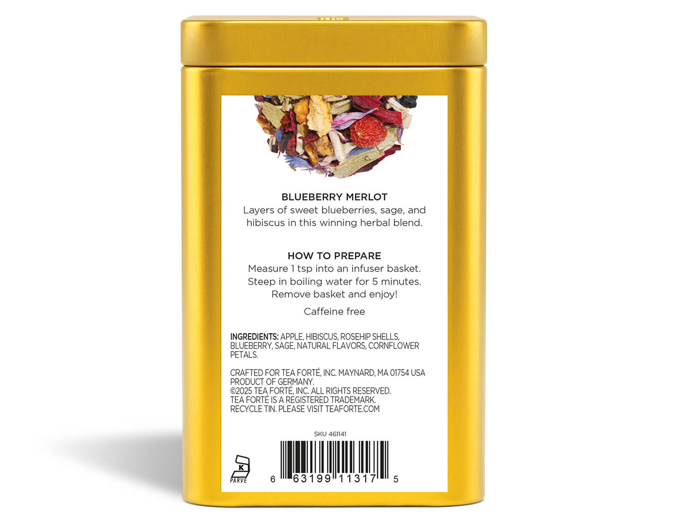 Blueberry Merlot tea in a Loose Leaf Tea Canister - back view