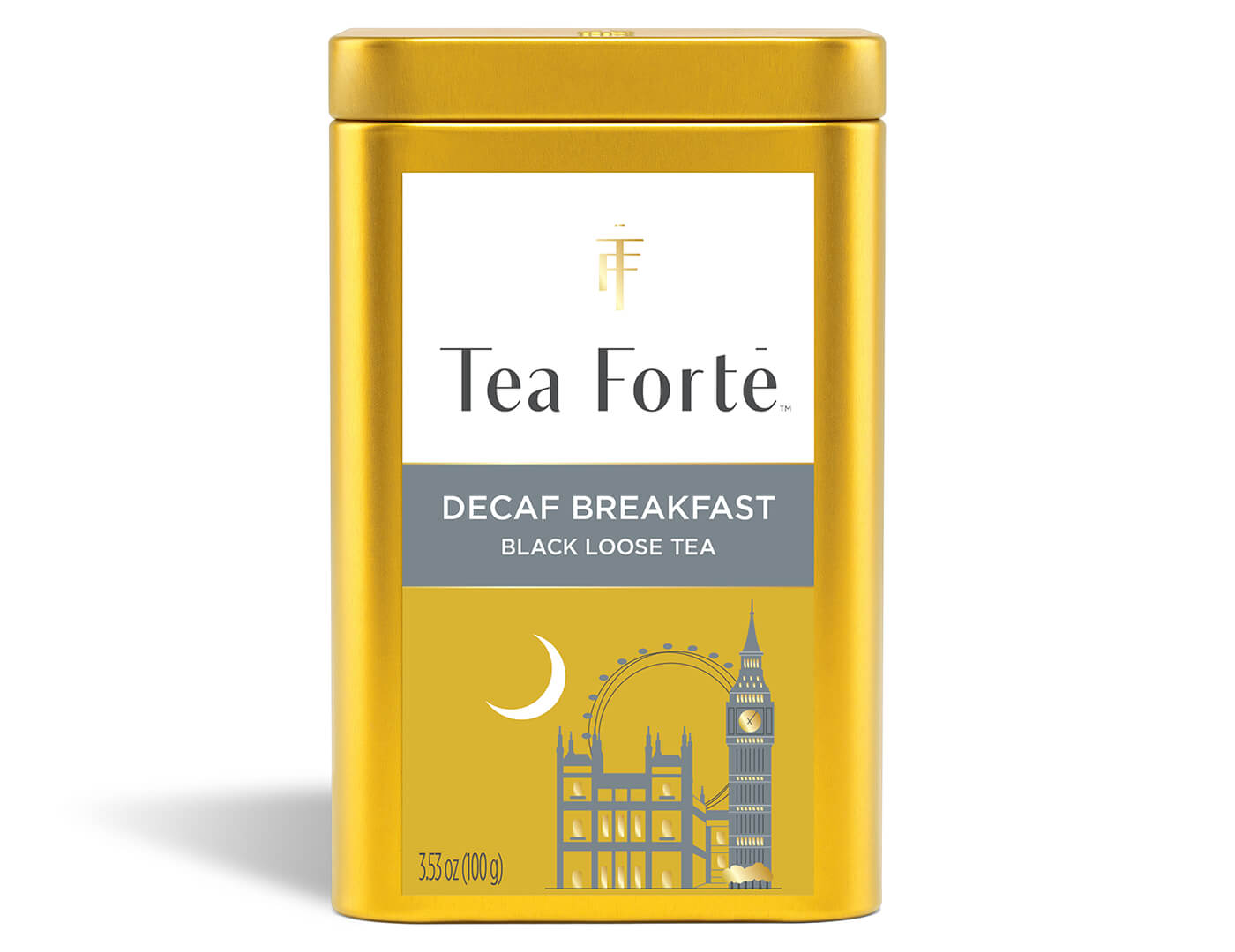 Decaf Breakfast tea in a canister of loose tea - front