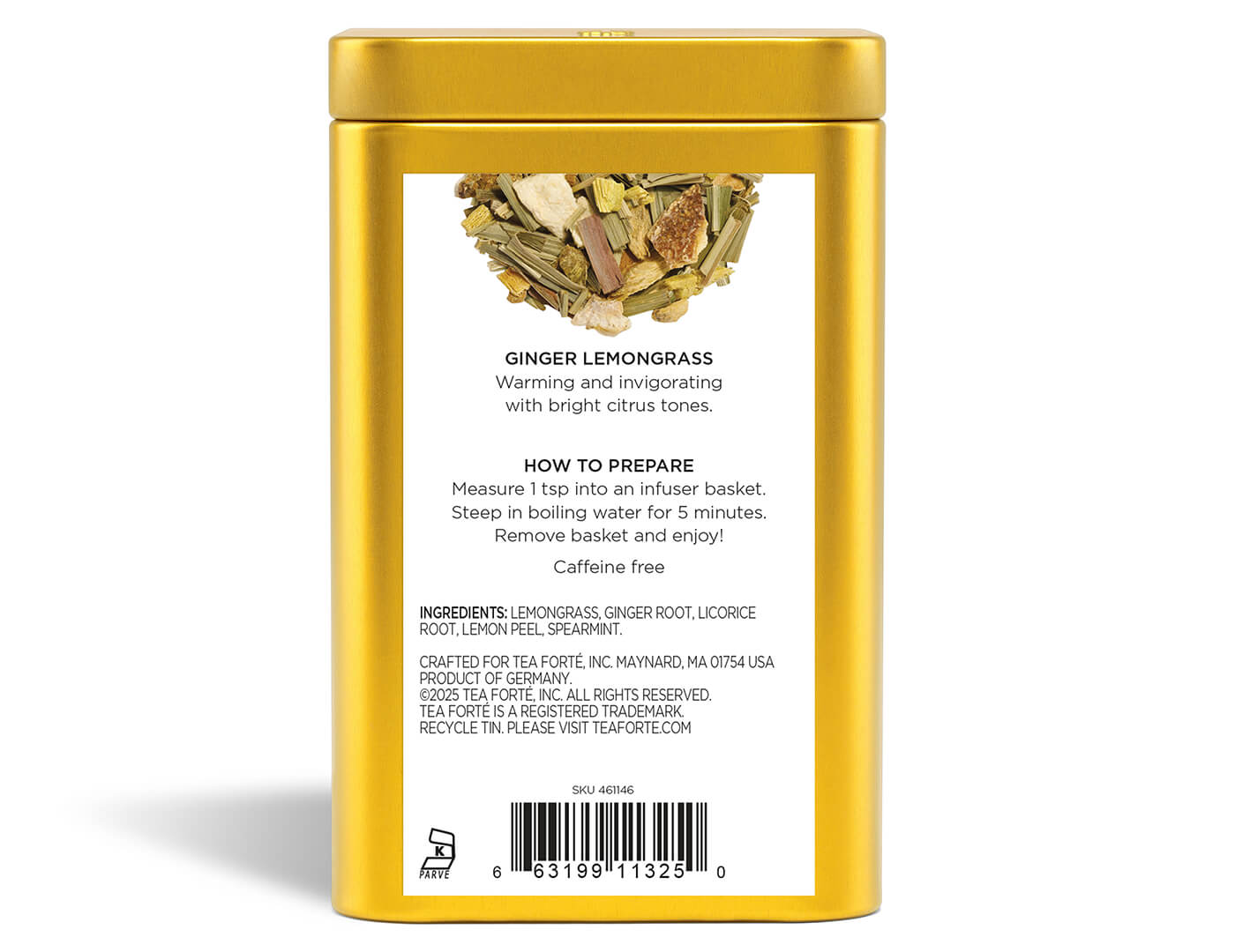 Ginger Lemongrass tea in a canister of loose tea - back view