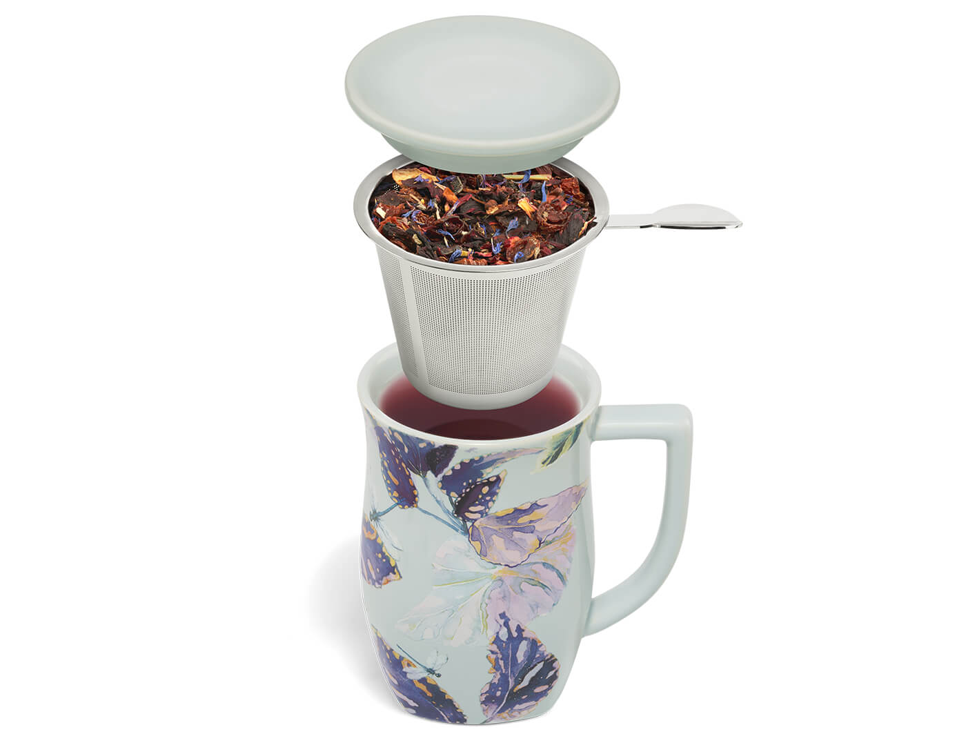 Demoiselle Fiore Steeping Cup, howit works with lid and iinfuser and tea inside