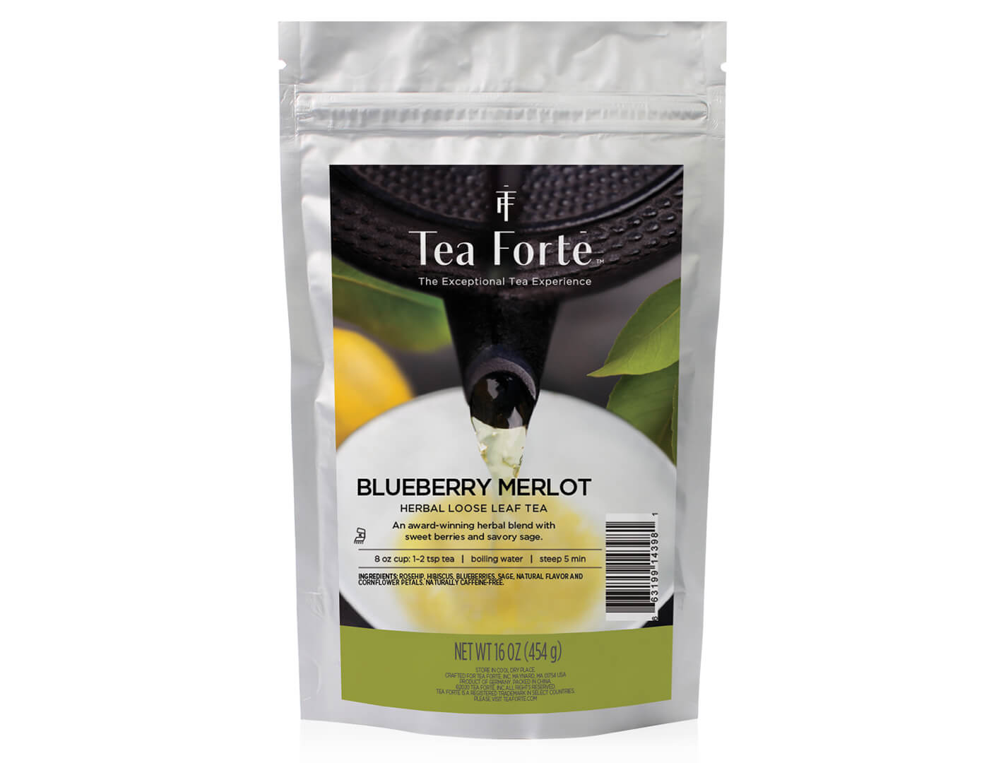 Blueberry Merlot tea in a one pound pouch of loose tea
