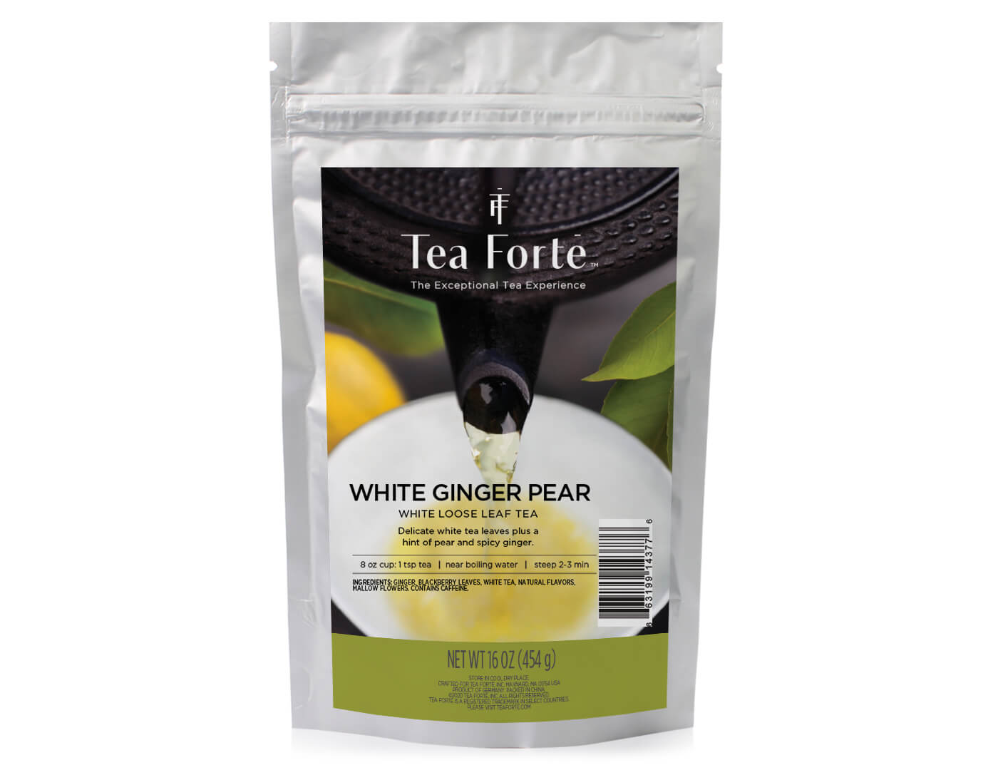 White Ginger Pear tea in a one pound pouch of loose tea