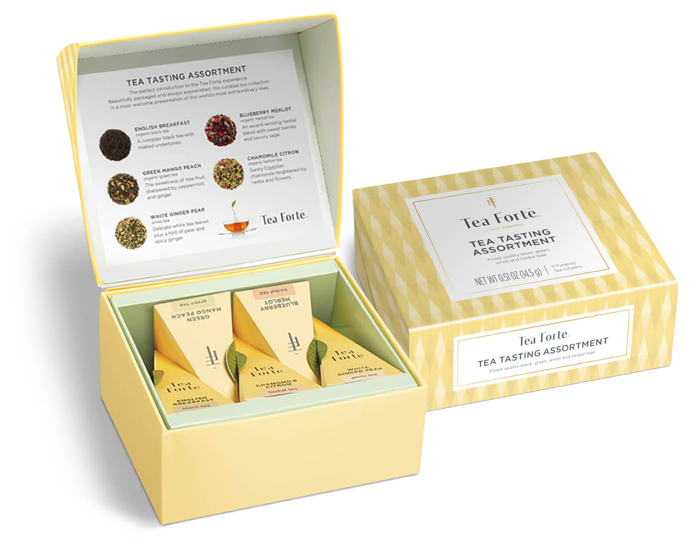 Classic Mini Petite Presentation Box, open and closed box, includes 5 pyramid infusers