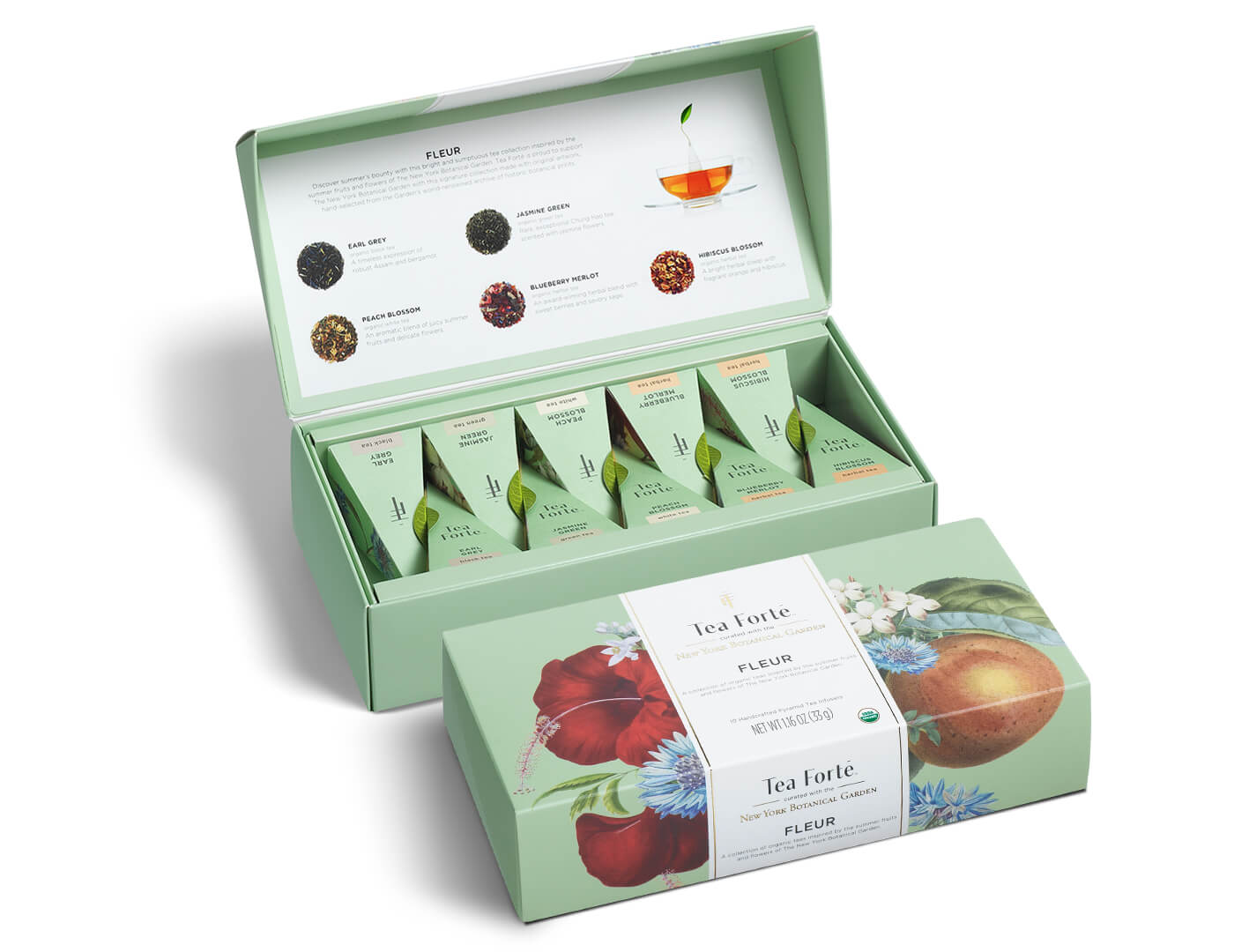 Fleur tea assortment in a 10 count petite presentation box with lid open and closed