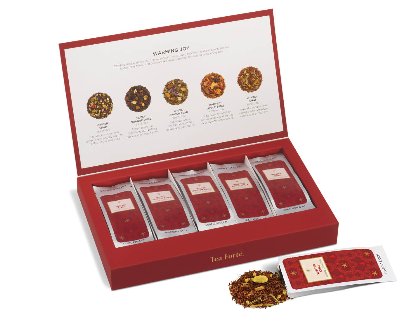 Single Steeps Sampler Warming Joy of 15 loose tea pouches, open  with open pouch