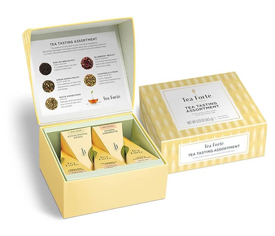 Classic Mini Petite Presentation Box, open and closed box, includes 5 pyramid infusers